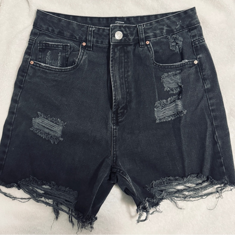 refuge Black Distressed High-Rise Denim Shorts